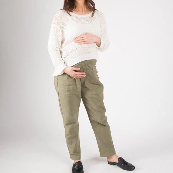 Emme Mama Transitional Maternity Smocked Linen Pant Women's XS Olive Green - Picture 3 of 16